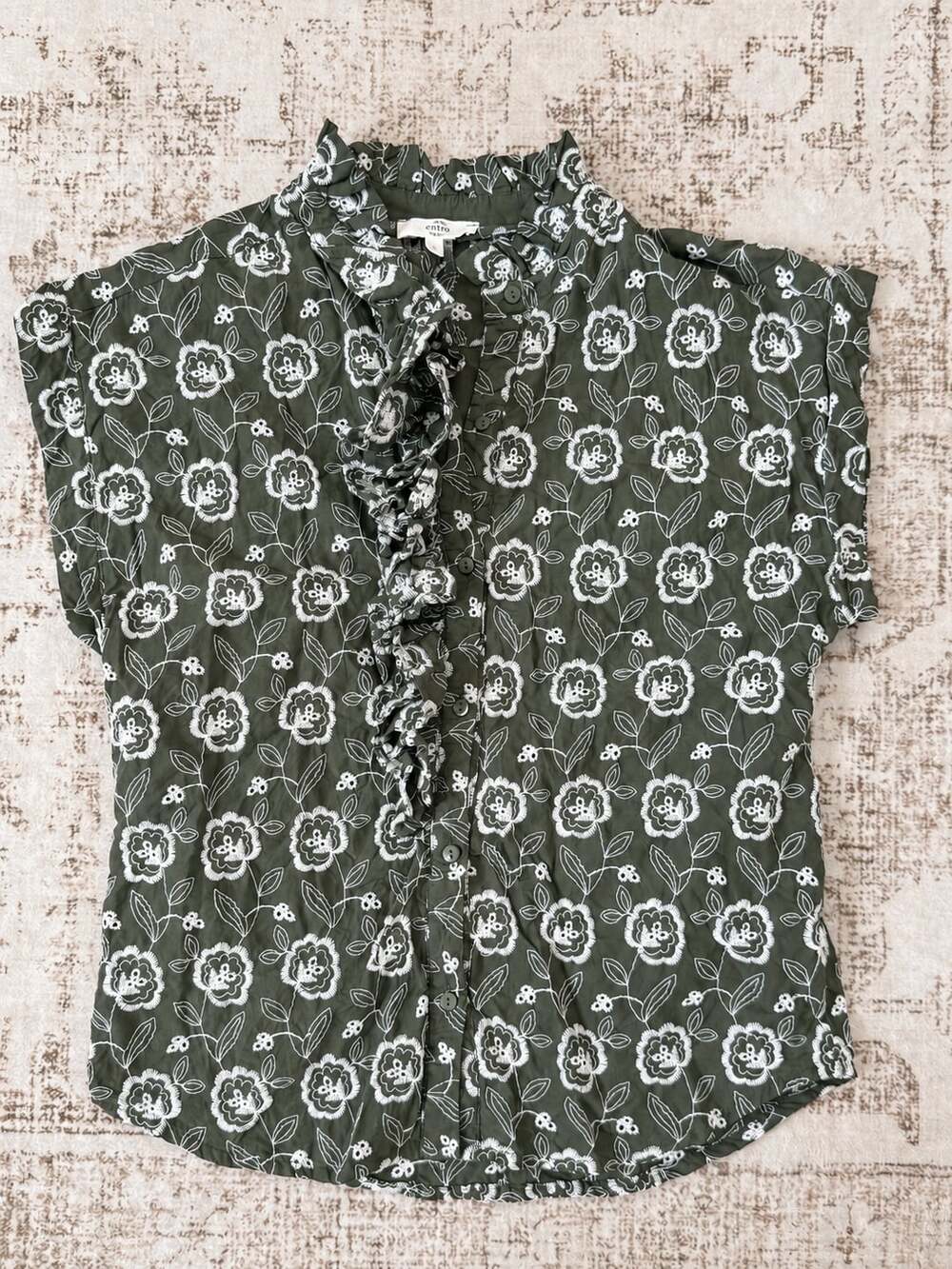 Entro Olive Green Floral Embroidered Ruffle Sleeveless Blouse Shirt Small